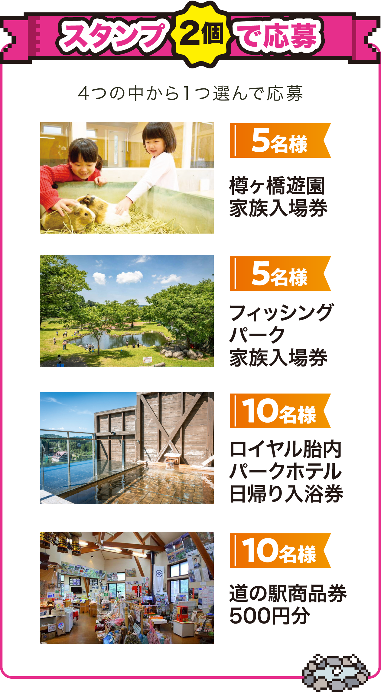 スタンプ2個で応募!5名様に樽ヶ橋遊園家族入場券、別の5名様にフィッシングパーク家族入場券、10名様にロイヤル胎内パークホテル日帰り入浴券、別の10名様に道の駅商品券500円分が当たる!